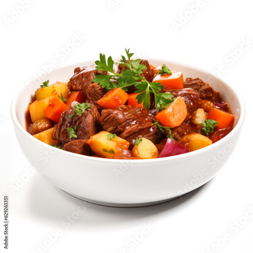 Slow-cooked and tender beef stew with root vegetables isolated on white background 