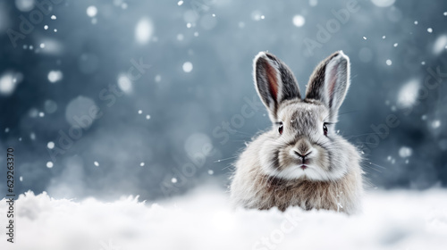 Snow hare on snow background with empty space for text 