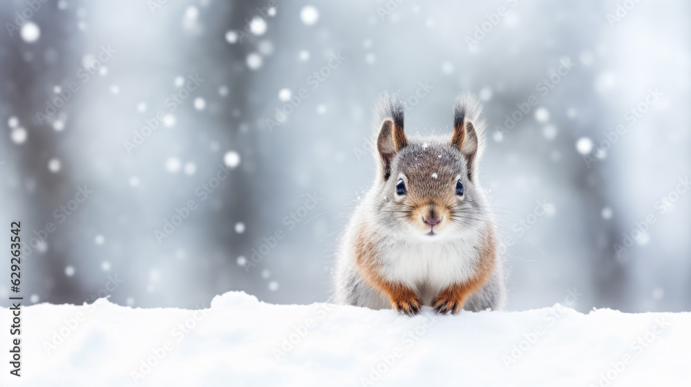 Snowy squirrel on snow background with empty space for text Snowy squirrel on snow background with empty space for text