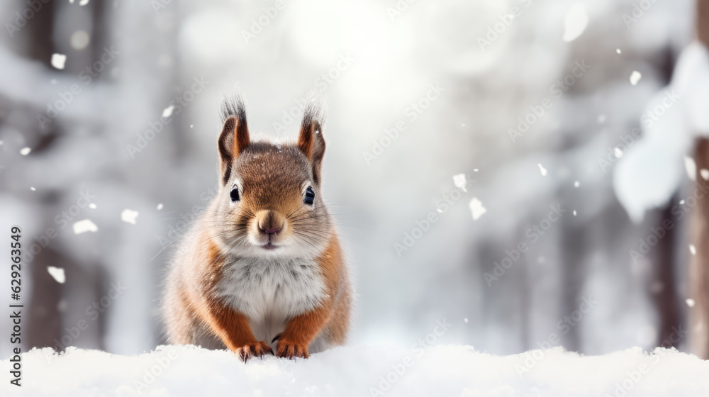 Snowy squirrel on snow background with empty space for text Snowy squirrel on snow background with empty space for text
