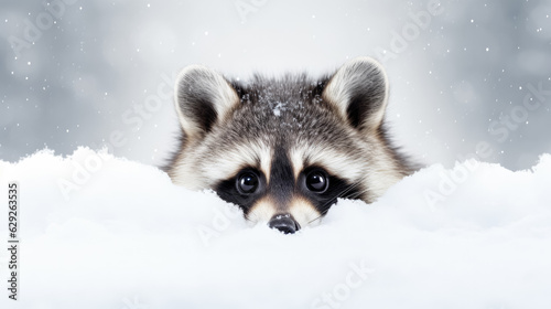 Snowy raccoon on snow background with empty space for text  © fotogurmespb