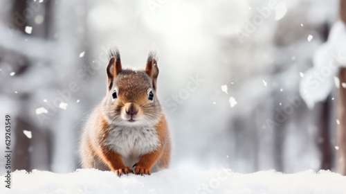 Snowy squirrel on snow background with empty space for text 