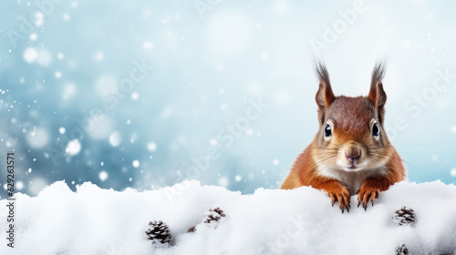 Squirrel on snow background with empty space for text 
