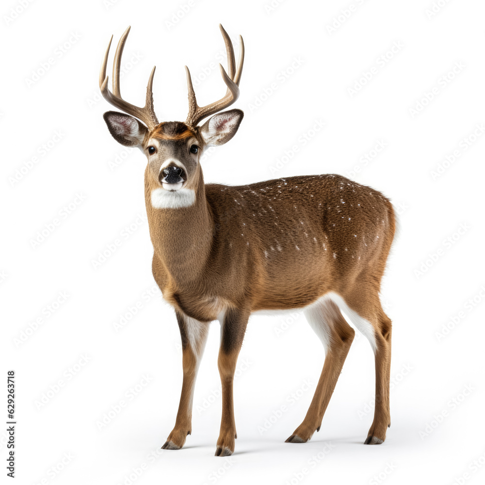 Winter white-tailed deer isolated on white background 