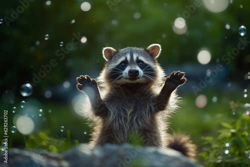 The Playful Raccoon Delighting in a Multitude of Bubbles of Soap - AI generated © artefacti