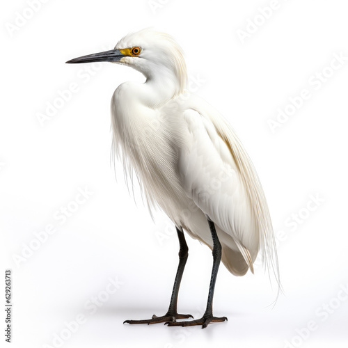 Winter snowy egret isolated on white background 