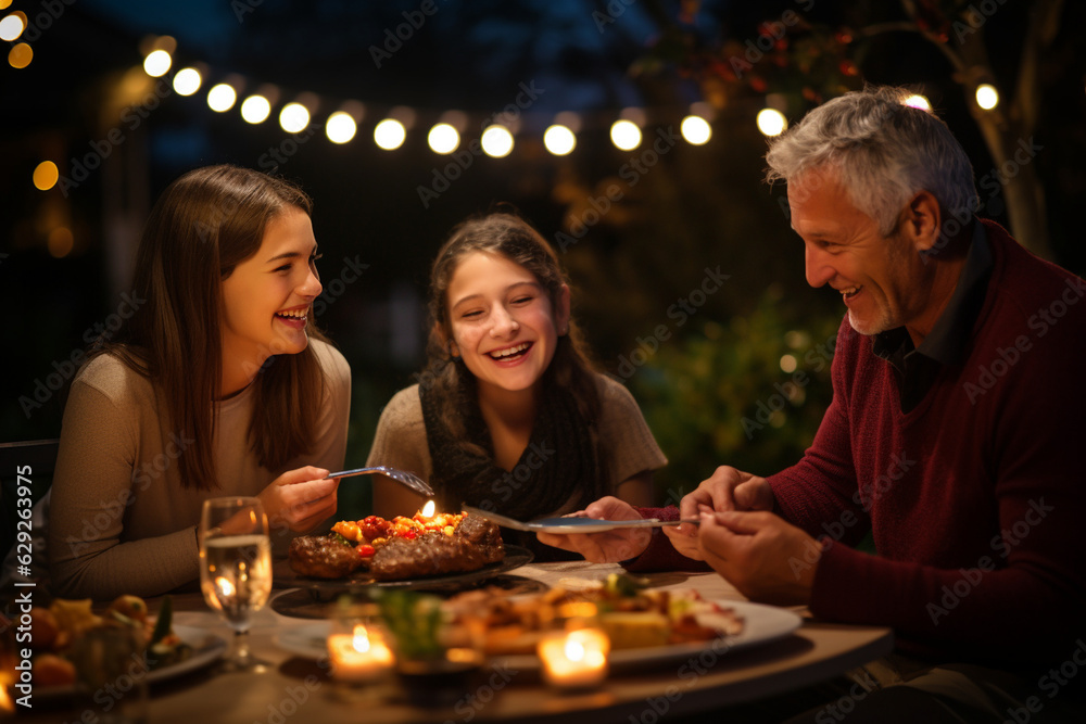 Create a heartwarming photo of family members laughing and enjoying delicious grilled treats, with bokeh lights in the background adding a touch of enchantment to the moment.