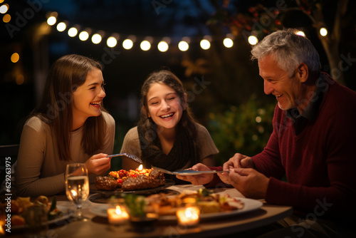 Create a heartwarming photo of family members laughing and enjoying delicious grilled treats  with bokeh lights in the background adding a touch of enchantment to the moment.  Generative AI