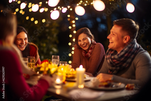 Create a heartwarming photo of friends and family laughing and enjoying delicious grilled treats, with bokeh lights in the background adding a touch of enchantment to the celebrati Generative AI