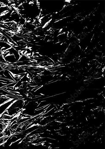Polyethylene texture. Grunge effect. Transparent stretched cling film. Overlay grunge texture. Black and white vector background. Crumpled warp plastic. Defect, scuff template. Wrinkled packaging