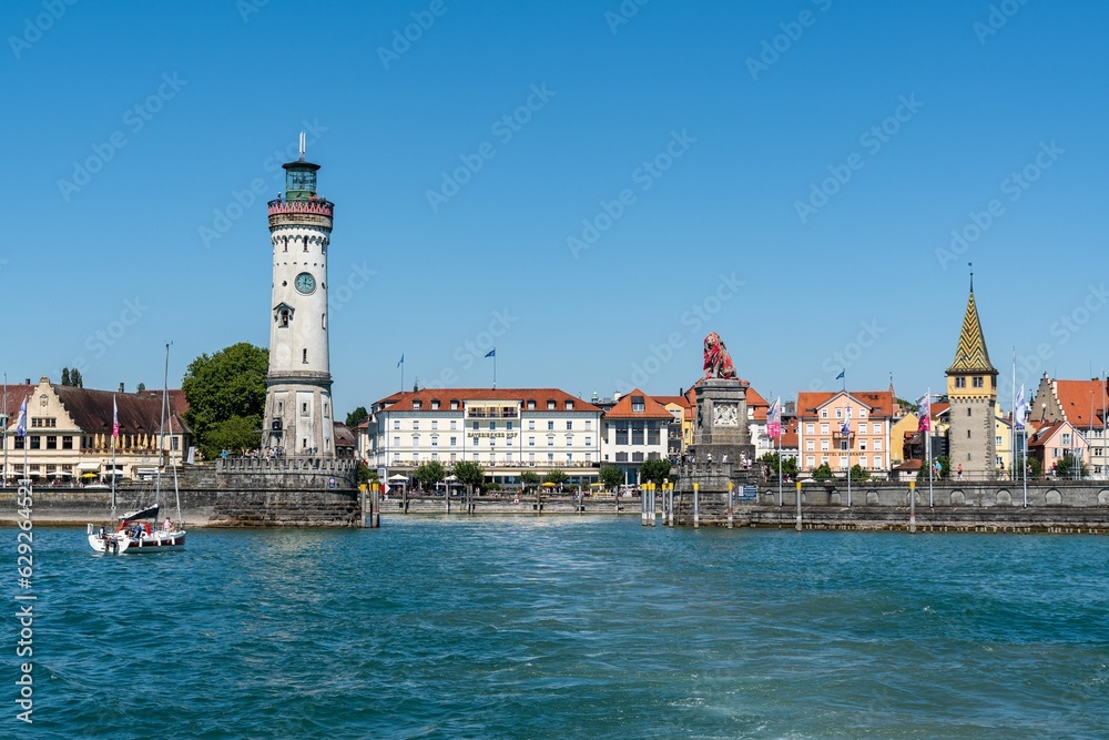 Beautiful view of the picturesque harbor of Lake Constance in Lindau, Germany