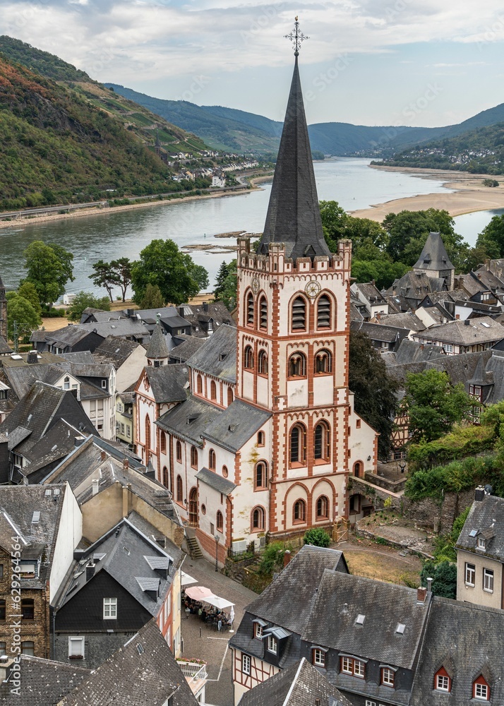 Aerial view of town with buildings in Bacharach