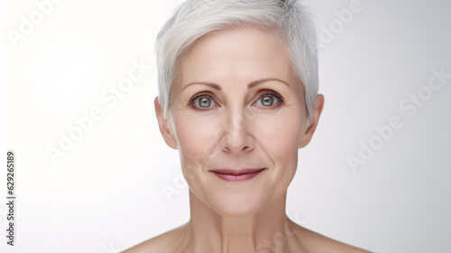Charming 50s mid-aged woman  isolated on white  gazes at the camera. Close-up portrait of a mature lady with healthy skin  representing beauty  middle-age skincare  and cosmetology.