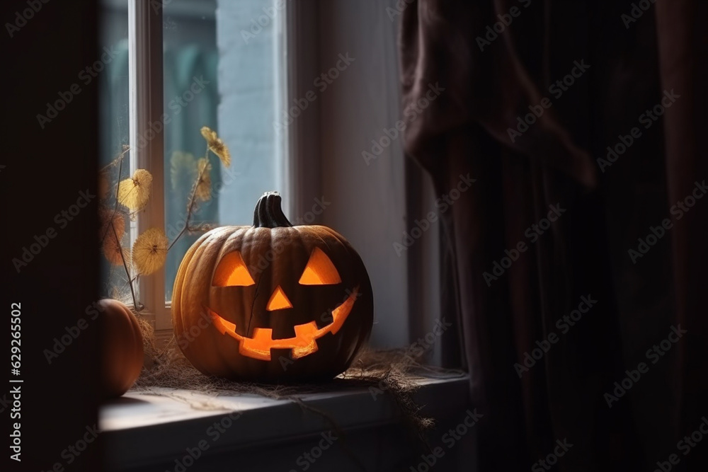 Obraz premium Jack-o-lantern Halloween pumpkin on front porch. Festive home decorations. Generative AI