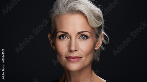 Charming 50s mid-aged woman, isolated on white, gazes at the camera. Close-up portrait of a mature lady with healthy skin, representing beauty, middle-age skincare, and cosmetology.