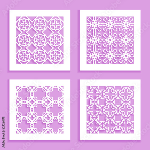 Templates for laser cutting, plotter cutting, printing. Square line patterns set. Geometric design cut out of paper. Mandala Islamic die cut ornament. Fretwork panels, cutout silhouette stencils