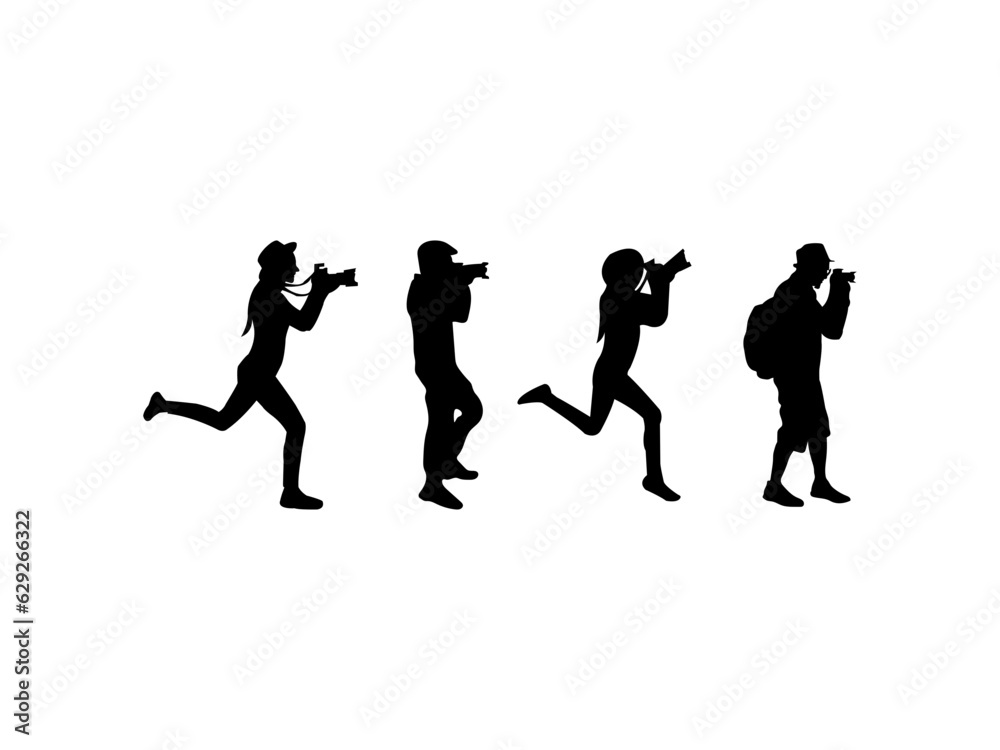 Obraz premium Photographers silhouette collection in various poses. Photographer male and female silhouette vector. Set realistic silhouettes of male and female photographer with camera in different positions.
