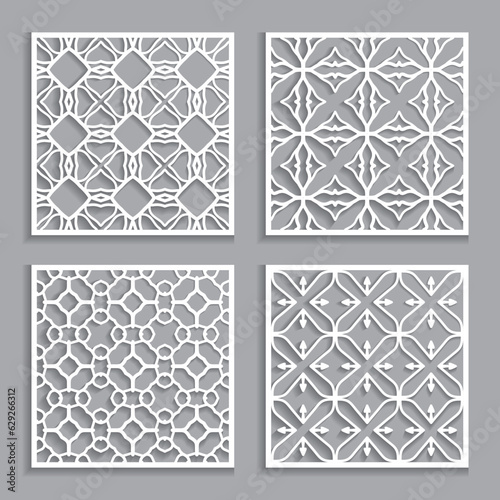 Templates for laser cutting, plotter cutting, printing. Square line patterns set. Geometric design cut out of paper. Mandala Islamic die cut ornament. Fretwork panels, cutout silhouette stencils