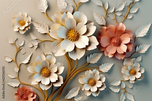 Elegant colorful 3d flowers with leaves on a tree illustration background.