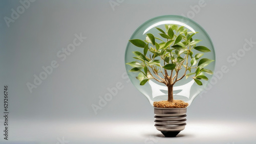 Light bulb full of green leaves and tree on grey background with copy space