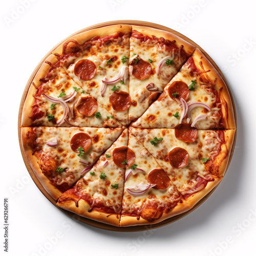 Classic pizza from pizzeria top view with cut slices isolated on a white background.