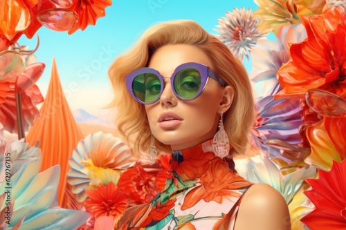 Beautiful woman in a printed frame with sunglasses, in the style of tropical landscapes, cubist fragmented reality, photo-realistic landscapes
