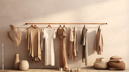 Grunge backdrop showcases clothes, while cream background hosts shelf. Array of neutral beige-hued garments adorns a rack. 3D rendering imbues store and bedroom vibes.