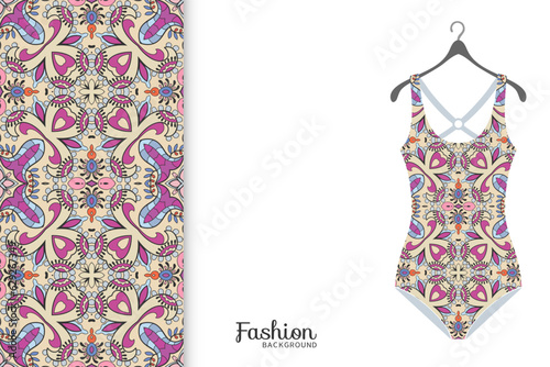 Vector fashion illustration, summer time background. Women's swimsuit model and colorful seamless pattern for textile fabric, paper print, invitation or business card design. Isolated elements