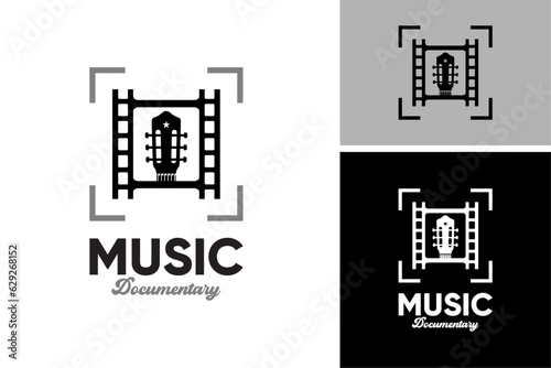 Music Documentary Logo With Guitar Head Filmstrip. Movie Cinema Photography Music Logo Design