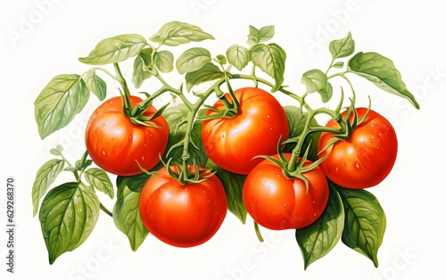 Beautiful hand drawn watercolor tomato on branch. Ink painting vegetable.  generative ai