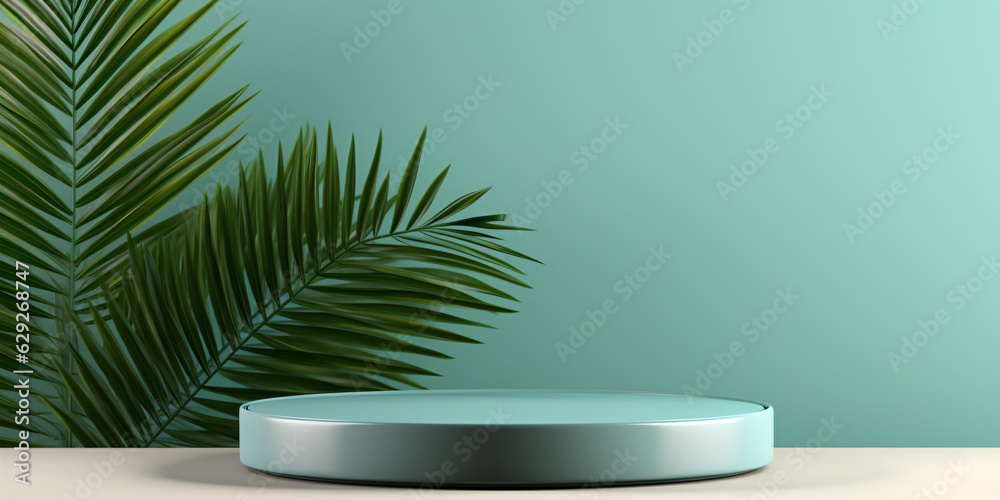 Minimal abstract cosmetic background for presentation. Cosmetic podium and palm leaf on pastel color background. 3d render illustration