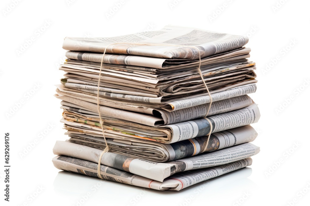 Old Newspaper Stack for Recycling or Press. Newsprint Paper Pile Heap Isolated on White Background: Generative AI Old Newspaper Stack for Recycling or Press. Newsprint Paper Pile Heap Isolated on White Background: Generative AI