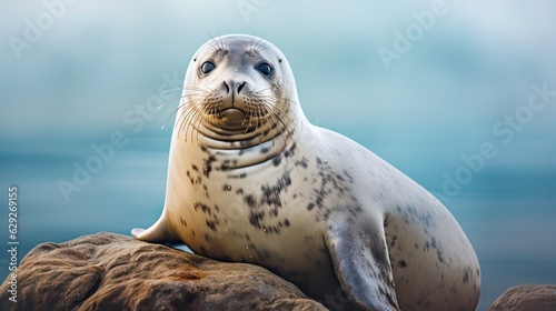 Harbor Seal Closeup- Wildlife of Monterey, California Harbor in Foggy Morning. Generative AI