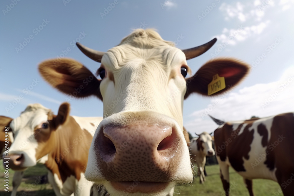 Happy cows roaming free on farm meadow. Farm animal welfare and care. Generative Ai