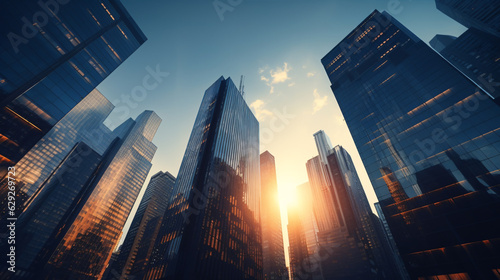 Low angle view of skyscrapers. Skyscrapers at blue sky looking up perspective. Bottom view of modern skyscrapers in business district in evening light at sunset.