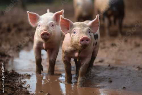 Happy pigs roaming free on farm meadow and mud. Farm animal welfare and care. Generative Ai