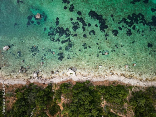 Aerial view of a pristine beach surrounded by lush green trees in a tranquil setting