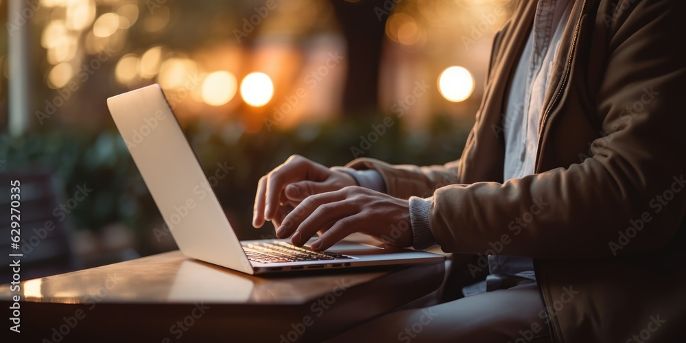 Close up man using laptop computer at coffee shop. Male hand typing on laptop keyboard in office. Businessman, work from home, distance education, online learning, generative ai Close up man using laptop computer at coffee shop. Male hand typing on laptop keyboard in office. Businessman, work from home, distance education, online learning, generative ai