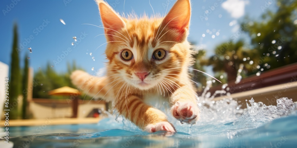 Orange cat playing running in the pool, beach, pool, crawling pose, generative ai Orange cat playing running in the pool, beach, pool, crawling pose, generative ai