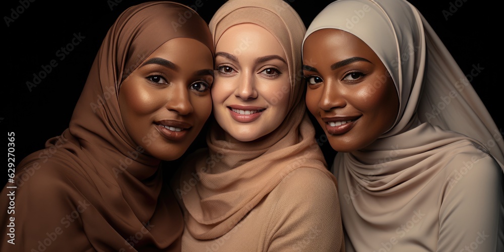 Three Muslim Women In Hijab Headscarf Embracing Posing Smiling To Camera Standing Together In Studio On Grey Background. Arabic Female Fashion Concept. Modern Islamic Ladies Portrait, generative ai