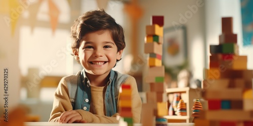 Child playing with colorful toy blocks. Kids play. Little boy building tower of block toys sitting in sunny white bedroom. Educational game for toddler. Children build toy house,  generative ai