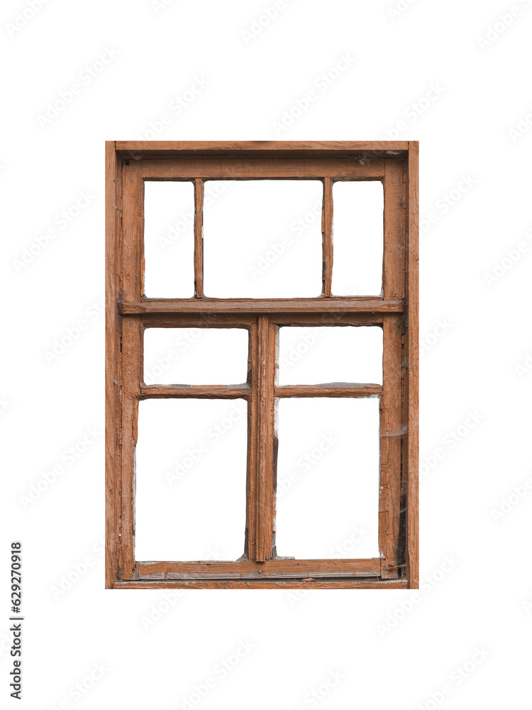 Old brown wooden window frame with two sashes isolated on transparent background. Old brown wooden window frame with two sashes isolated on transparent background.