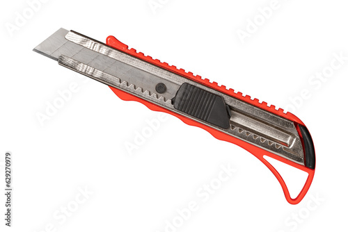 A clerical knife with a red plastic handle is isolated on a transparent background.