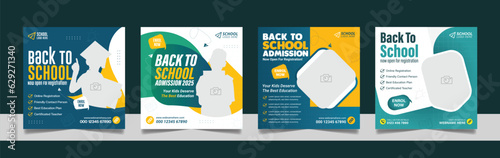 School admission social media post banner, educational social media post square flyer back to school web banner design template.	
