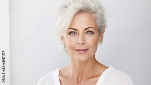 Charming 50s mid-aged woman, isolated on white, gazes at the camera. Close-up portrait of a mature lady with healthy skin, representing beauty, middle-age skincare, and cosmetology.