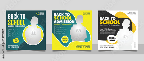 School admission social media post banner, educational social media post square flyer back to school web banner design template.	