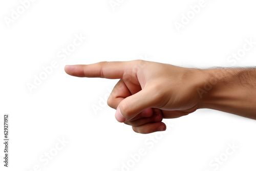 A man's hand points the direction with his finger. Points diagonally to the side. Index finger pressing something. Isolated on a white background.