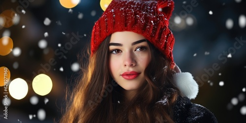 Beautiful female model wear santa hat on bokeh background. Girl walking in Christmas market decorated with holiday lights in the evening, generative ai