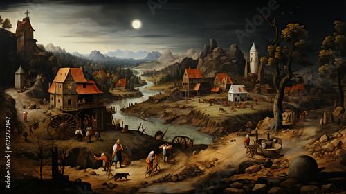 Medieval village oil painting in the style of old flemish masters