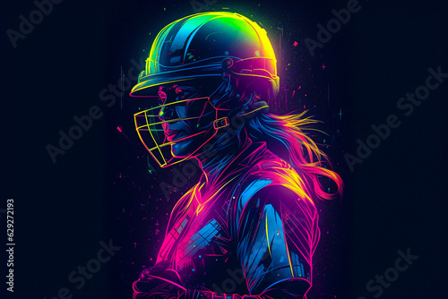 Young Female Girl Cricket Player Batsmen Illustration with Neon Colours and Energetic Vibe. Women Cricket. Generative AI	